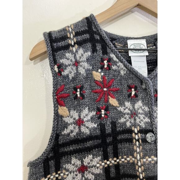 90s Cottagecore Grandma Wool Knit S Windowpane Plaid Vest Rustic Grunge Cozy Y2K - Picture 3 of 12